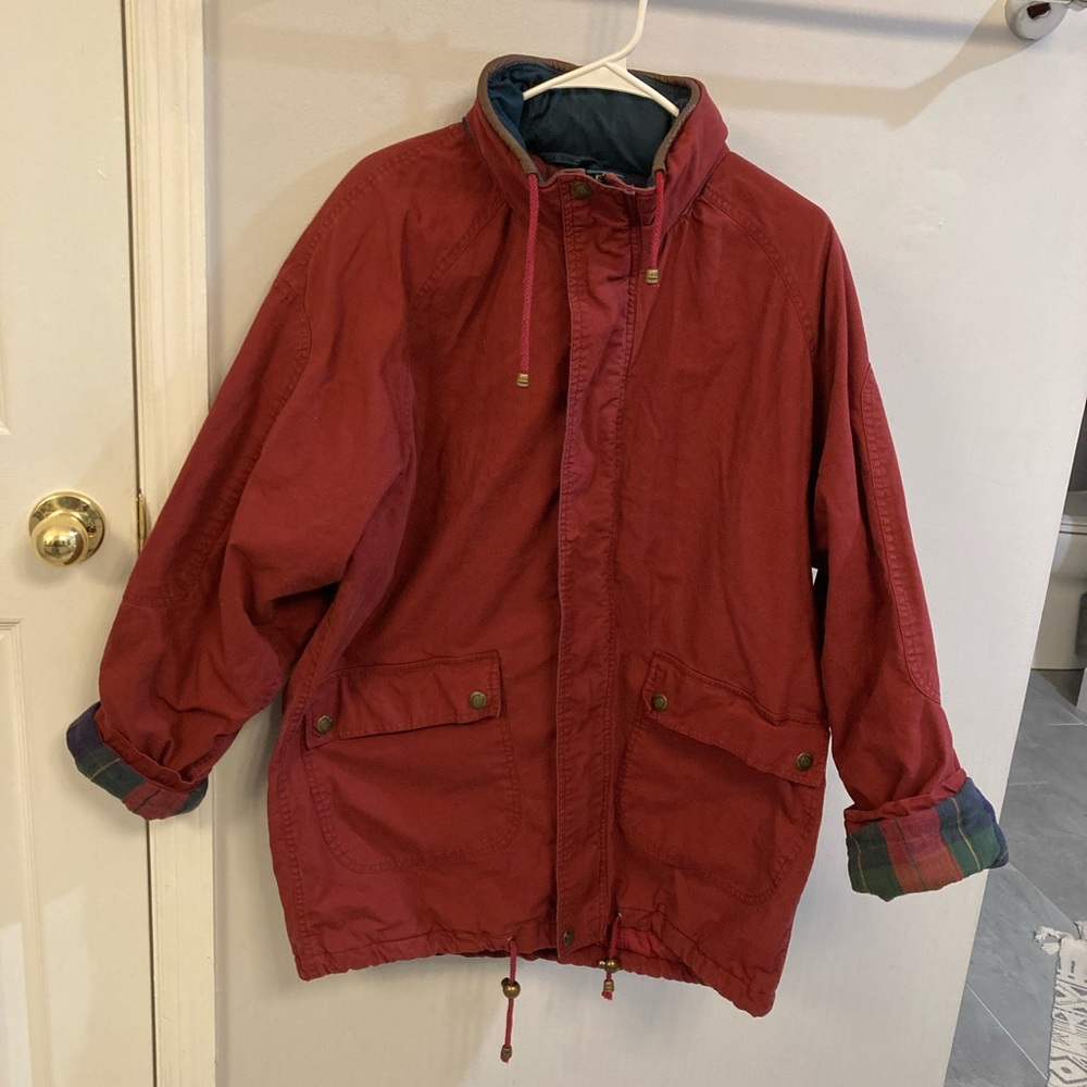 Vintage JLC Burgundy Plaid Lined Hooded Field Preppy Parka Jacket Womens Small